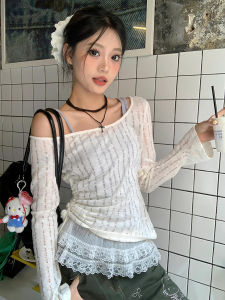 White See-through Long Sleeve T-shirt Womens Summer Thin Design Waist-cinching Drawstring Sun Protection Casual Versatile Top