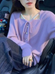 XUECAIQI | Purple Bow-tie Knitted Cardigan Sweater