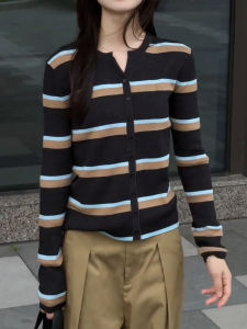 UYFY | Womens Striped V-neck Long Sleeve Knitwear Casual Loose Fit Commute Top Autumn New Style Simple Versatile Slimming