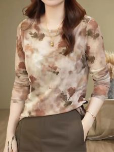 เสื้อยืดคอกลมแขนยาวผ้าตาข่ายสองชั้นสำหรับผู้หญิง แฟชั่นฤดูใบไม้ร่วง เสื้อเชิ้ตทรงสลิมฟิตป้องกันเนื้อเยื่อ