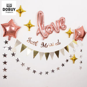 🔥SG LOCAL STOCK🔥Rose Gold Just Married Decoration Set Love Foil Balloon Star Foil Balloon Flag Banner Star Banner