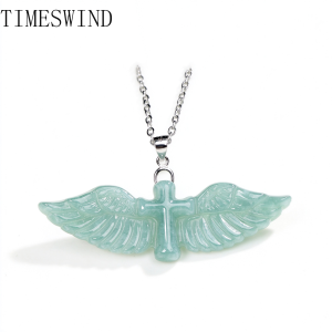 TIMESWIND Natural Authentic A-type Jade Blue Water Cross Angel Wing Pendant Women S925 Silver Necklace for Gift with Certificate