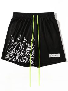 Summer New Style Mens Basketball Shorts Casual Sporty Polyester Fiber Quick Dry Breathable Flame Patterned Four-Fifths Length