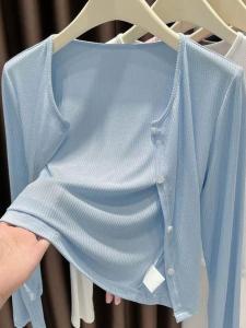 Áo Len Cardigan Mỏng Màu Xám Có Viền Ren Áo Khoác Chống Nắng Khăn Choàng Áo Khoác Ngoài Cho Nữ Phong Cách Mới 2025 Máy Lạnh Văn Phòng Mùa Hè