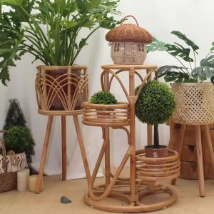 Scandinavian Solid Wood Indonesian Rattan Flower Stand Living Room Sofa Side Table Floor Bamboo Rack Corner Balcony Jardiniere