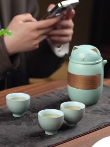 WENZHE | Lucky Cat Portable Travel Quick Tea Set Ceramic Kung Fu Tea Utensils Tea Pitcher Teapot 3-Cup Outdoor Kung Fu Tea Storage Bag