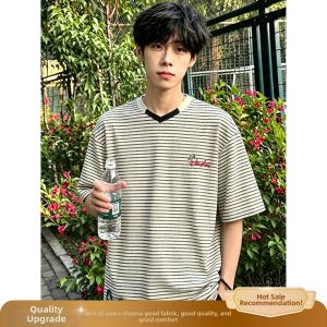 OUMULONG | Butterfly Embroidery V-neck Striped T-Shirt