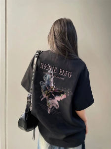 เสื้อยืดแขนสั้นผู้หญิงผ้าฝ้ายแท้พิมพ์ลายผีเสื้อ ทรงหลวม ไซส์ใหญ่ ฤดูร้อน 2025 เสื้อผ้าทำงานสไตล์ใหม่ แฟชั่นสตรีท