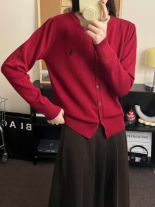 Ankela Red Wool Embroidered Knitted Open Cardigan Womens Autumn Winter Lazy Soft Long Sleeve Sweater Inner Wear Base Top