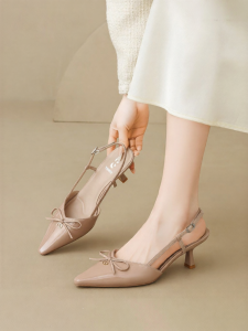 Josiny | Pointed Toe French Style Kitten Heels Beige Slip-on Shoes
