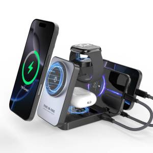 แท่นชาร์จไร้สายสำหรับ iPhone 17 16 15 14 13 12 11 X 8 แท่นชาร์จ 5 in 1 สำหรับ Apple Watch 10/9/8/7/6/5/4/3/2/SE/Ultra/Ultra