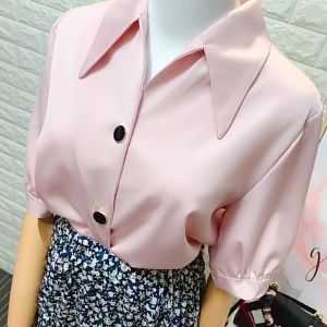 Womens comfortable Korean satin blouse plus size mid-sleeve chiffon top