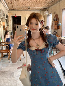Patchwork Lace Denim Cherry Dress Womens Summer French Style Retro Playful Slimming Youthful-Looking A- line Skirt Girls Dress
