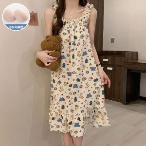 Pure Cotton Summer Nightgown with Chest Pad Thin Sleeveless Home Clothes Sweet Style Print Square Collar Mid-Length Dress