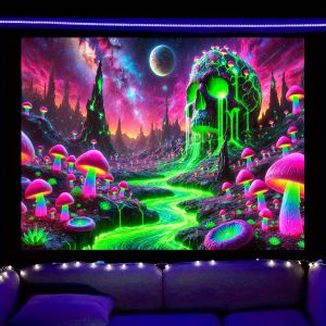 VIKAMA Fantasy Alien Tapestry: Green Skull Nebula Mountain Peak Mural for Living Room Sofa Backdrop Wall