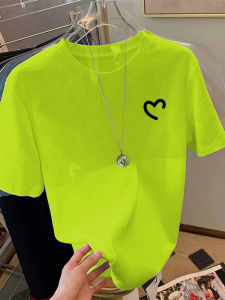 Loose Womens T-shirt Fluorescent Green Cotton Half Sleeve round Neck Print Summer Casual Comfortable Breathable Fashion Top