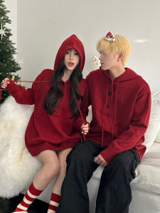 Retro American Red Chinese Zodiac New Year Hoodie Couples Loose Lazy Knitted Sweater Top for Youth Winter Long Sleeve Crew Neck