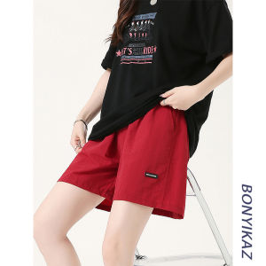 Red Quick Dry Workwear Shorts Womens High Waist Loose Casual Drawstring Sports Five-Quarter Length Street Style Nylon Fiber
