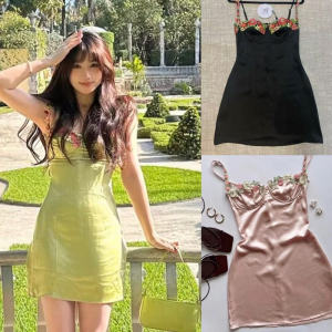 ชุดเดรสสั้นผ้าซาตินปักลายเซ็กซี่สีเขียวมะพร้าว Princess Polly สำหรับผู้หญิง ฤดูใบไม้ผลิและฤดูร้อน สไตล์ยุโรป แขนกุด คอวี