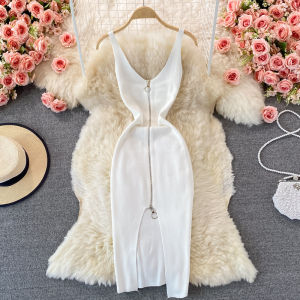 Elastic Slim Fit Knitted Vest Skirt V Neck Zipper Slit Womens Flared Wrap Bodycon Dress Korean Style Commute Pure Color a Line Summer New Arrival