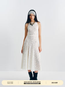 Elegant PUKI Yigenana Embroidered Dress Sleeveless Neck Hanging Slimming Pleated Skirt Long Dress for Spring Summer