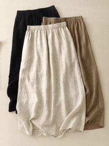 Artsy Retro Pure Color Minimalist Cotton and Linen Skirt Womens Summer Elastic Waist Plus Size Thin Linen A- line Midi Skirt