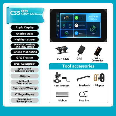 VSYS Waterproof Motorcycle DVR CS5 Wireless Carplay Android Auto TPMS Front & Rear 1080p Cameras Bluetooth WiFi GPS Navigation