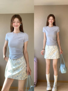 Blue round Neck Short Sleeve T-Shirt Womens Slim Fit Summer New Style Commute Style Korean Version Fashionable Short Length Top