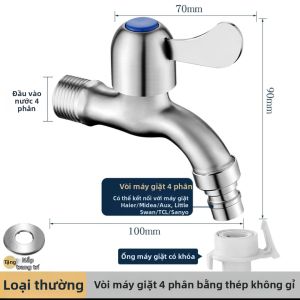 Vòi Inox 304 Mở Nhanh Đơn Cho Máy Giặt và Chậu Lau Nhà 1/2 inch