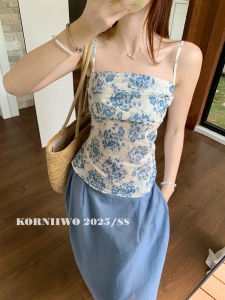 KORNIIWO Vintage Patterned Holiday Style Removable Strap Women Asymmetrical Halter Top mid Midi Skirt FloralPrint CasualSummerSeason ForAdultGirls