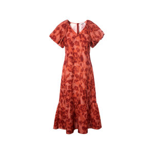 LANCY FROM 25 | Flax V-Neck Printed Waist Accentuation Short Sleeve Bubble Sleeve Long Dress