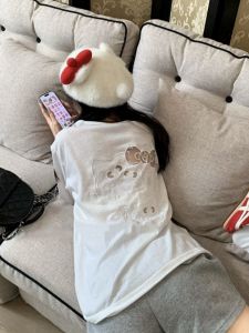 Áo Thun Dài Tay Thêu Kitty Màu Trơn Cho Nữ Mùa Hè Thiết Kế Mỏng Ôm Vừa Vặn Thời Trang Thường Ngày