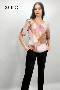 XARA Uma Abstract Printed Eyelet Blouse