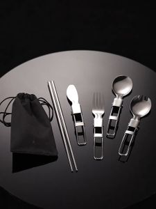 ช้อนส้อมมีด สแตนเลส304  ช้อนส้อมพับได้ ใช้ปิกนิก พกพา แคมป์ปิ้ง