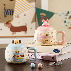 Ceramic Couple Mugs Dog Rabbit Cute Style Drinking Water Cups with Lid And Spoon High Aesthetic Value Healing Series Mugs