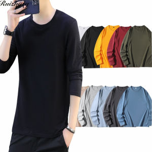 Khaki เสื้อยืดแขนยาวเข้ารูปสําหรับผู้ชายเสื้อคอกลมแฟชั่นแบบเรียบง่ายสีขาวเทาน้ําเงินสีกากีขนาดใหญ่พิเศษเสื้อยืดผ้าฝ้าย M-5XL