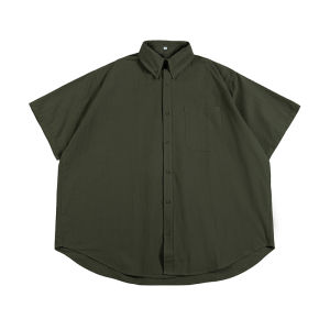 Loose Fit Mens Casual Shirt Short Sleeve Retro Japanese Style Green Cotton Breathable Summer Shirt with Patch Pocket for Commuting