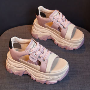 Thick Sole Hidden Heel 8cm Roman Sandals Womens Summer 2024 New Authentic Leather Internet Hot Sports Daddy Peep Toe Sandals