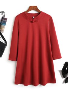 ชุดเดรสทรงเอหลวมๆ สีแดง คอตั้ง แขนยาว กระโปรงทรงเอ สำหรับผู้หญิง ฤดูใบไม้ผลิและฤดูใบไม้ร่วง ชุดเดรสสไตล์จีน