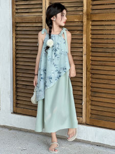 ชุดเดรสยาวแขนกุดลายดอกไม้สไตล์จีนสำหรับเด็กผู้หญิงในฤดูร้อน ชุดสองชิ้น กระโปรงทรงเอ แขนกุด คอตั้ง กระโปรงทรงเอ