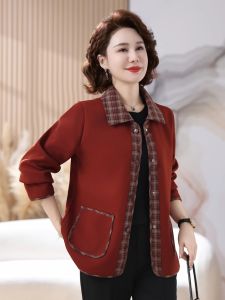 Áo Khoác Nữ Dáng Rộng Cổ Polo Thời Trang Xuân 2025 Mới Cho Mẹ Trung Niên Và Người Cao Tuổi Thường Ngày Dài Tay Họa Tiết Kẻ Sọc