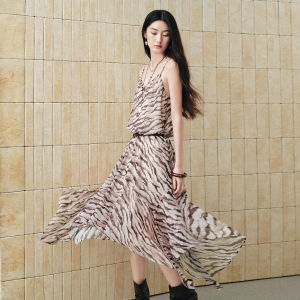 PEACEBIRD | Zebra Stripe Spaghetti Strap Long Dress for Women with Belt