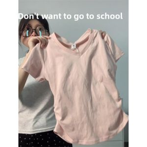 plus Size Cotton Short Sleeve T-Shirt Women Summer Design Gathered Waist Slimming Pink V-Neck Top Trendy Korean Style Regular Fit