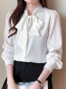 High Quality White Green Blue Long Sleeve Office Lady Blouse Solid Color Korean Fashion Casual Lace Up Collar top