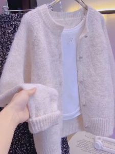 เสื้อคาร์ดิแกนถักนิตติ้งสไตล์เกาหลีสำหรับผู้หญิง ทรงหลวม คอกลม แขนยาว ปกติ ฤดูใบไม้ร่วง/ฤดูหนาว เสื้อคลุมกันหนาว