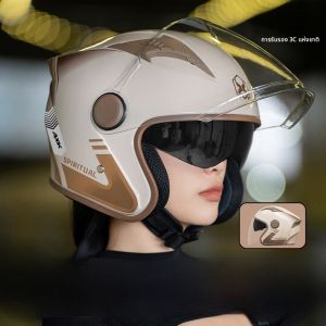 หมวกกันน็อคไฟฟ้าแบบครึ่งหน้า 3C รับรอง ป้องกันหมอก ป้องกันฝน ฤดูหนาว ไปทำงาน อบอุ่น สองกระจก หมวกกันน็อคฤดูใบไม้ร่วง