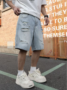 Light Blue Ripped Loose Fit Thin Denim Shorts Men Summer American Retro Style Straight Leg Five Inches Pants Breathable