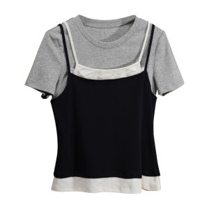 Layered Spaghetti Strap Short Sleeve Round Neck Fitted Crop Top