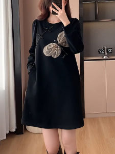 New Chinese Style Loose Fit Slimming Black Dress Womens T-Shirt Dress Button Detailing Elegant Feel A-Line Midi Skirt