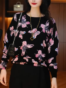 QINGNAER | Butterfly Print Lightweight Leisure Spring Knit Sweater
